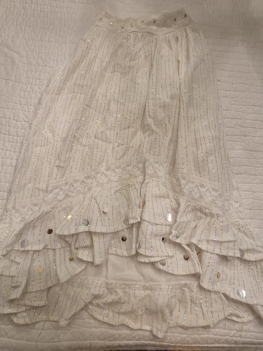 Justice Cream High-Low Tiered Ruffle Skirt with Metallic Thread Size 10